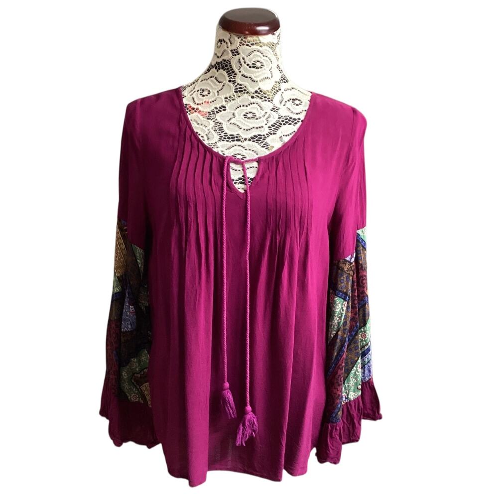 Entro women's boho-style peasant blouse v-neck bell sleeves size L magenta